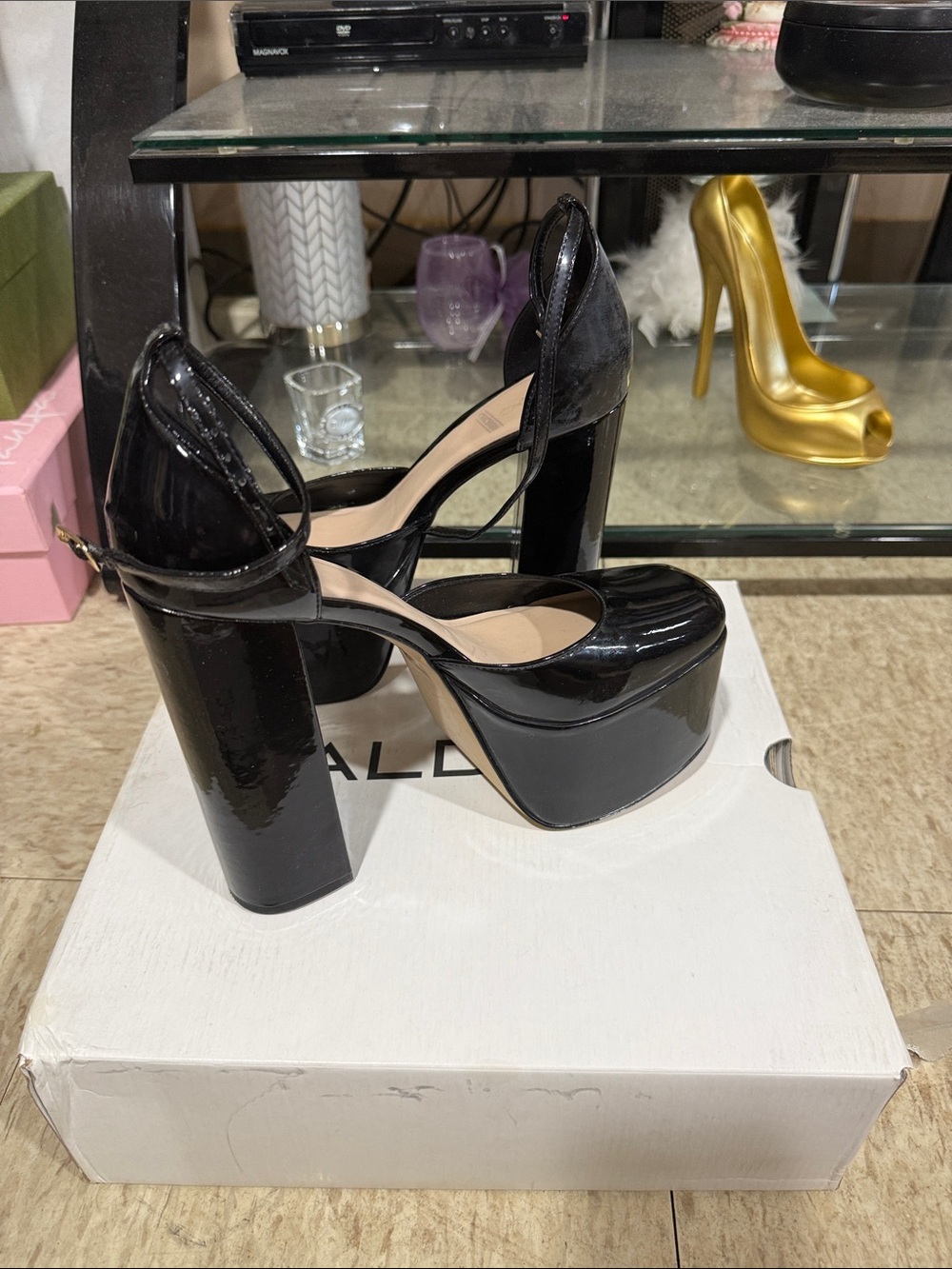 Aldo Black Patent Platform Mary Jane Block Heels